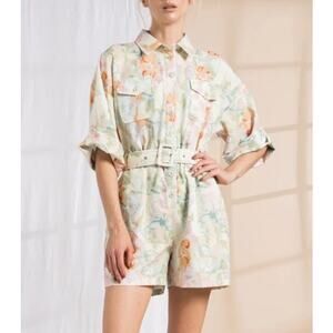 Lena Garden Girl Romper Womens M NEW Floral‎ Belted Button Front Utility Grandma